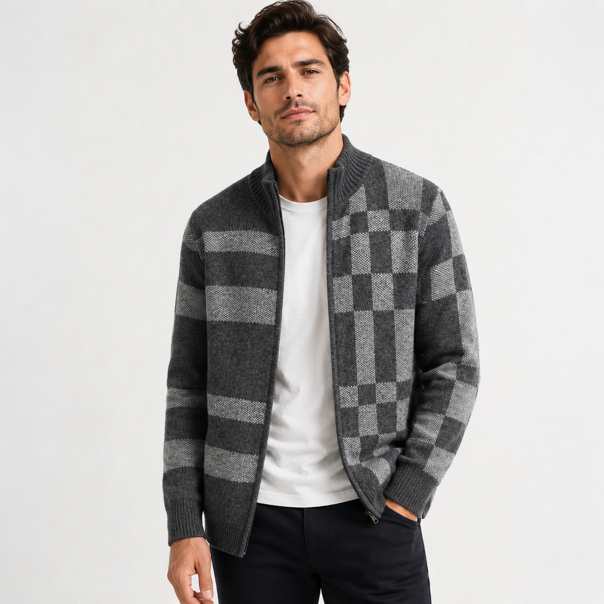 Men's Knitted Full-Zip Cardigan with Check Pattern – Charcoal Grey