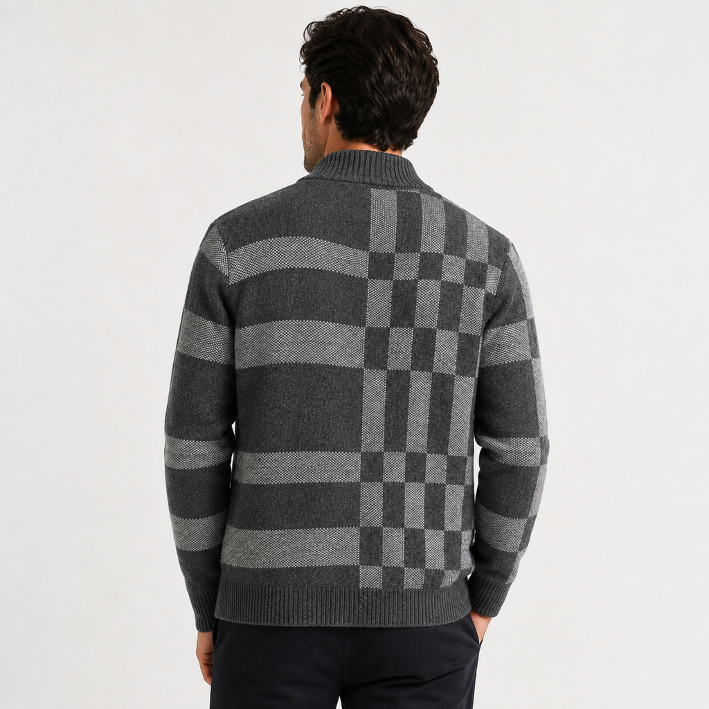 Men's Knitted Full-Zip Cardigan with Check Pattern – Charcoal Grey