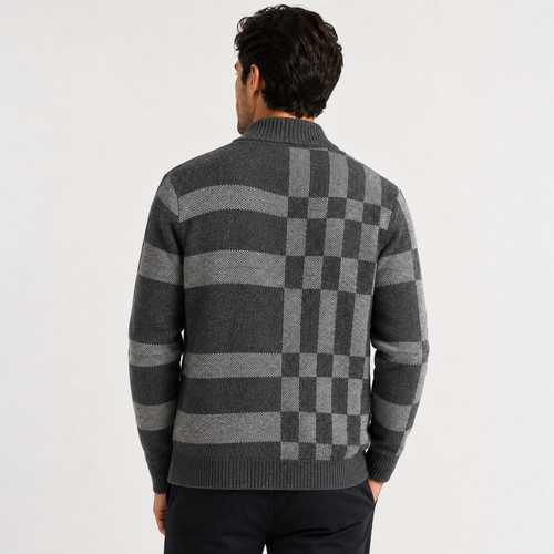 Men's Knitted Full-Zip Cardigan with Check Pattern – Charcoal Grey