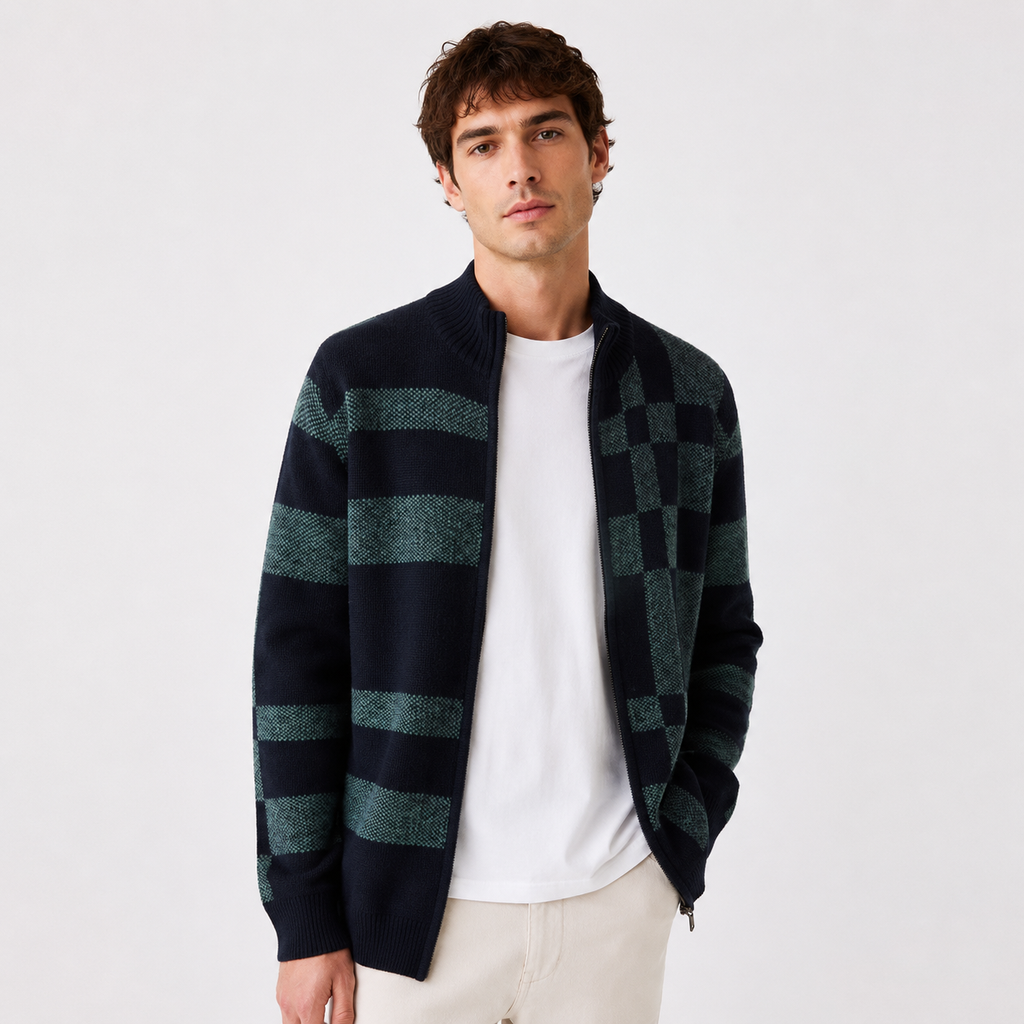 Men's Knitted Full-Zip Cardigan with Check Pattern – Navy & Green