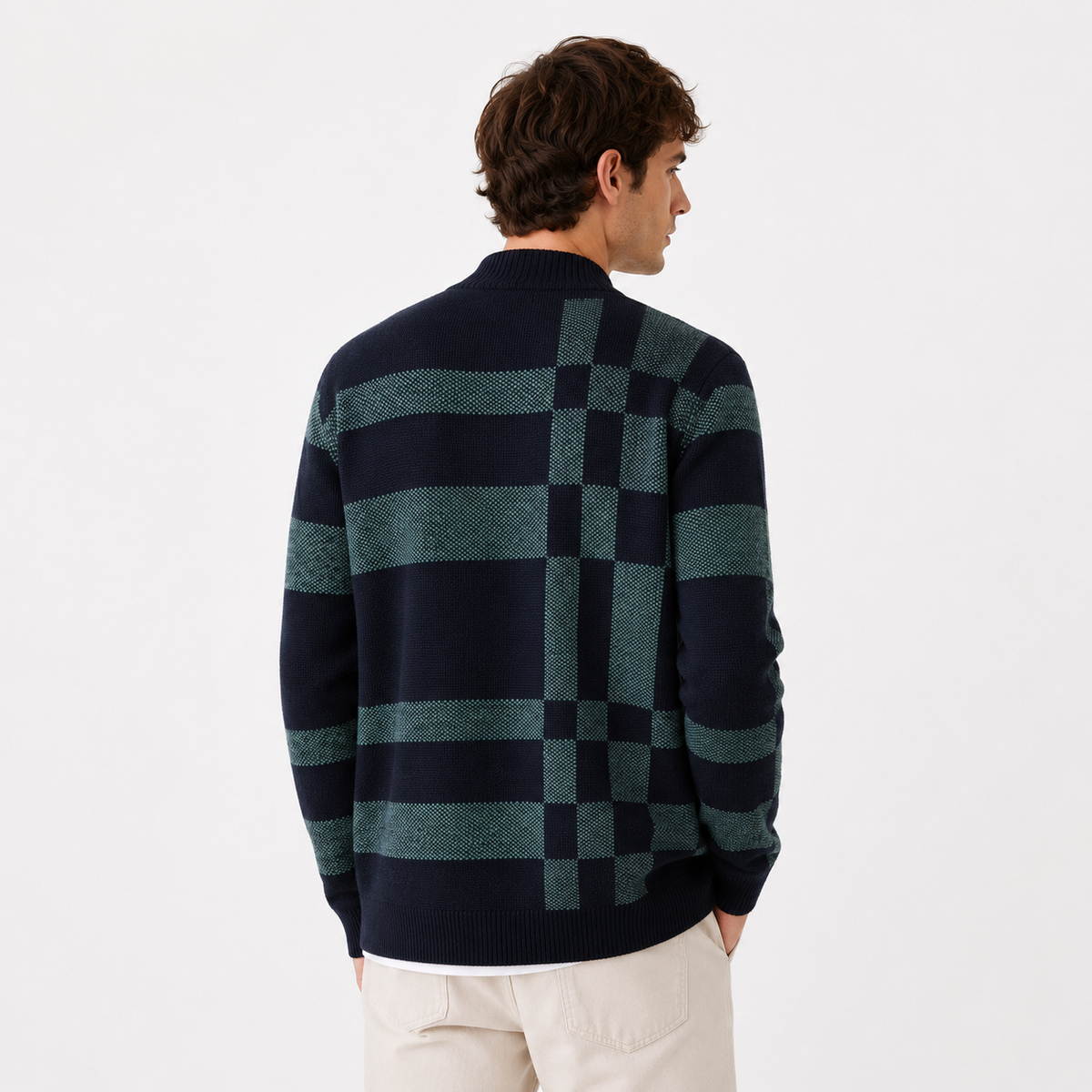 Men's Knitted Full-Zip Cardigan with Check Pattern – Navy & Green