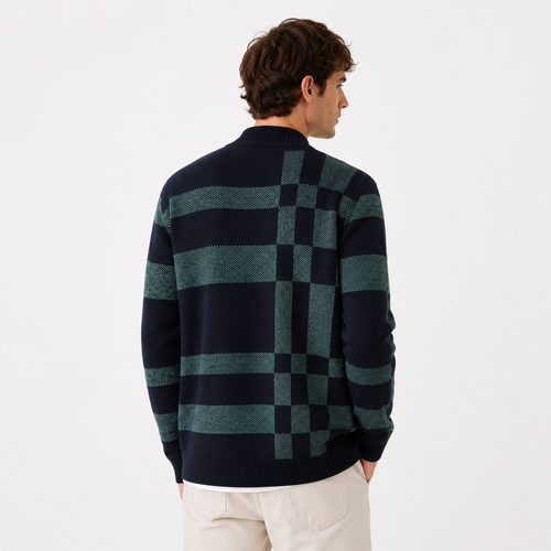 Men's Knitted Full-Zip Cardigan with Check Pattern – Navy & Green