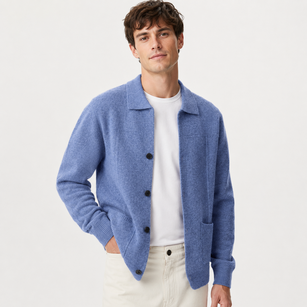 Men's Knitted Button-Up Cardigan with Collar and Pockets – Blue
