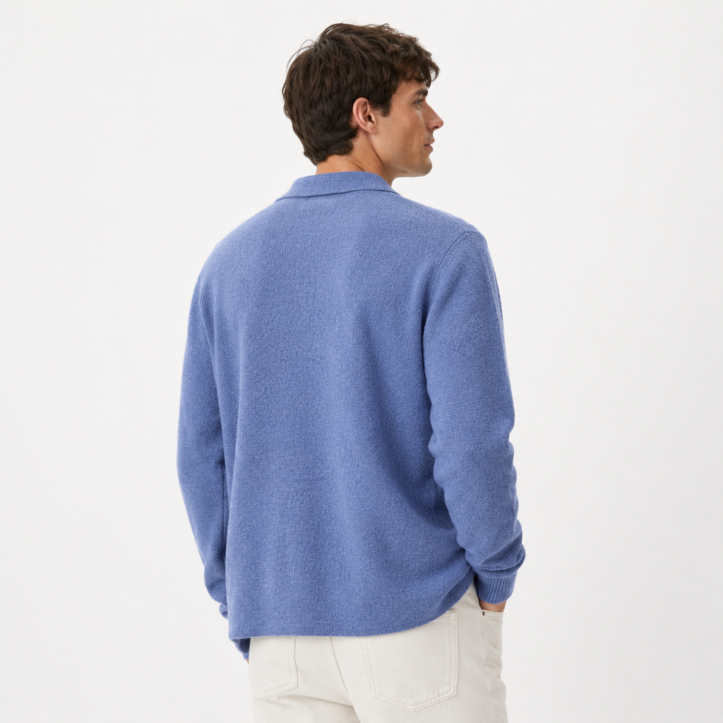 Men's Knitted Button-Up Cardigan with Collar and Pockets – Blue