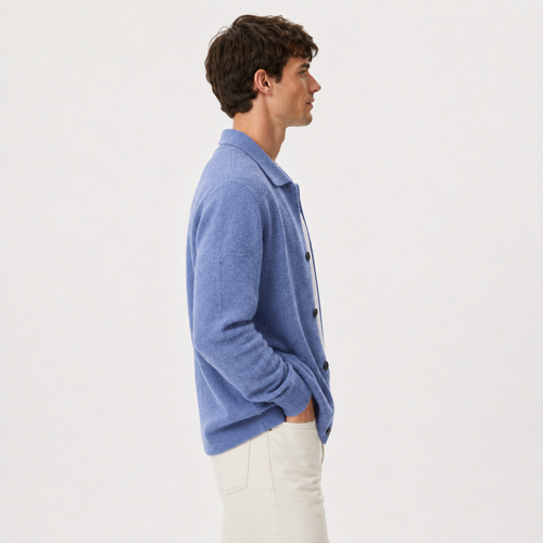 Men's Knitted Button-Up Cardigan with Collar and Pockets – Blue