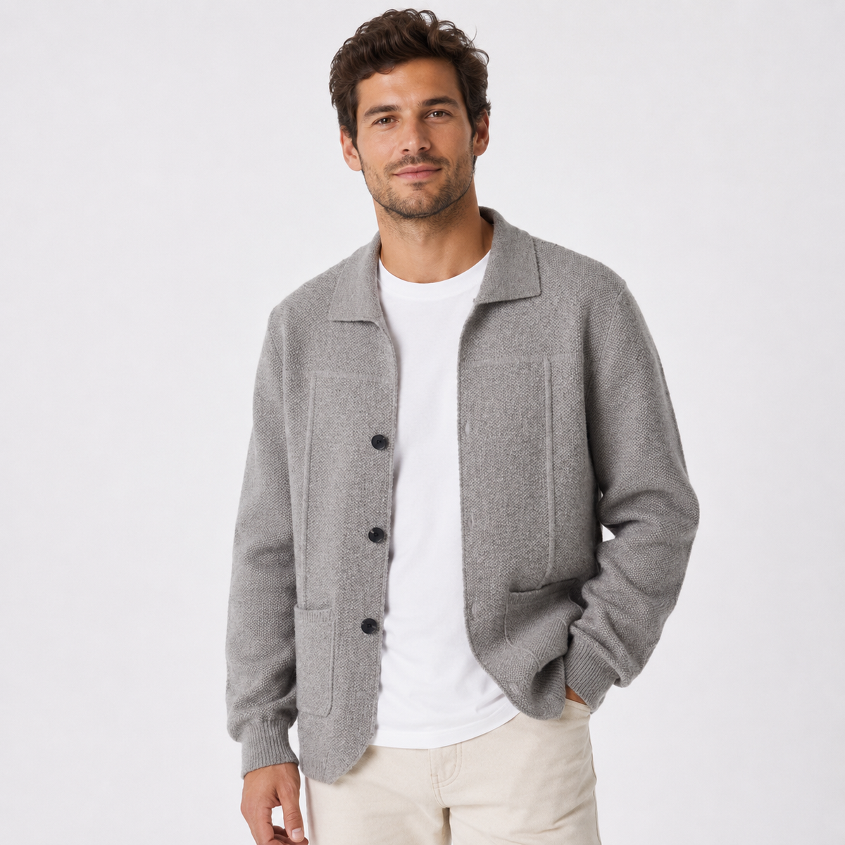 Men's Knitted Button-Up Cardigan with Collar and Pockets – Grey