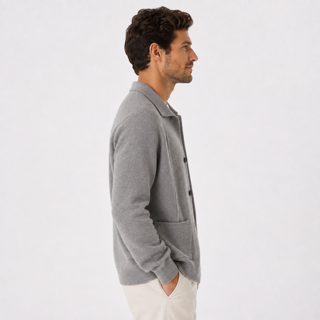 Men's Knitted Button-Up Cardigan with Collar and Pockets – Grey