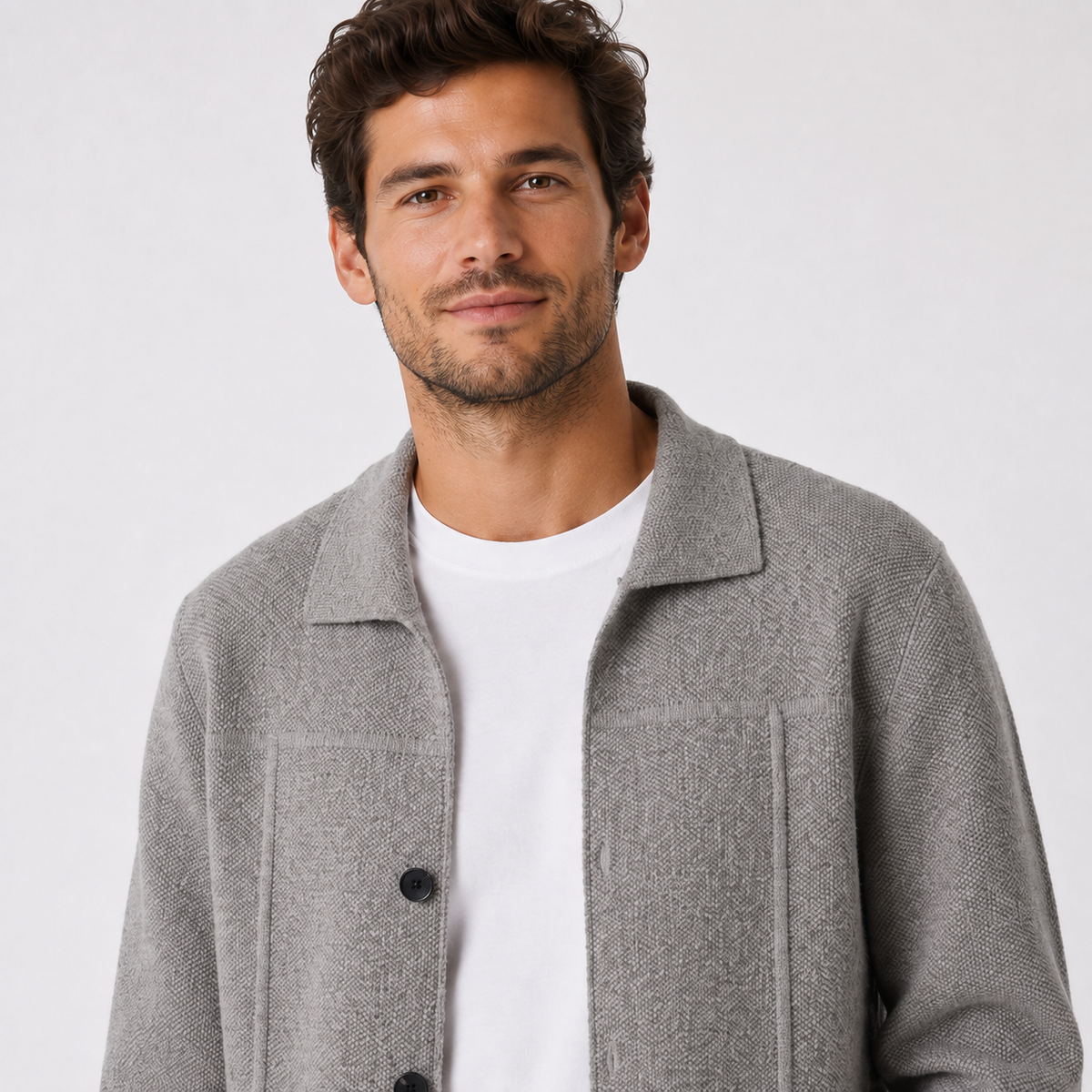 Men's Knitted Button-Up Cardigan with Collar and Pockets – Grey