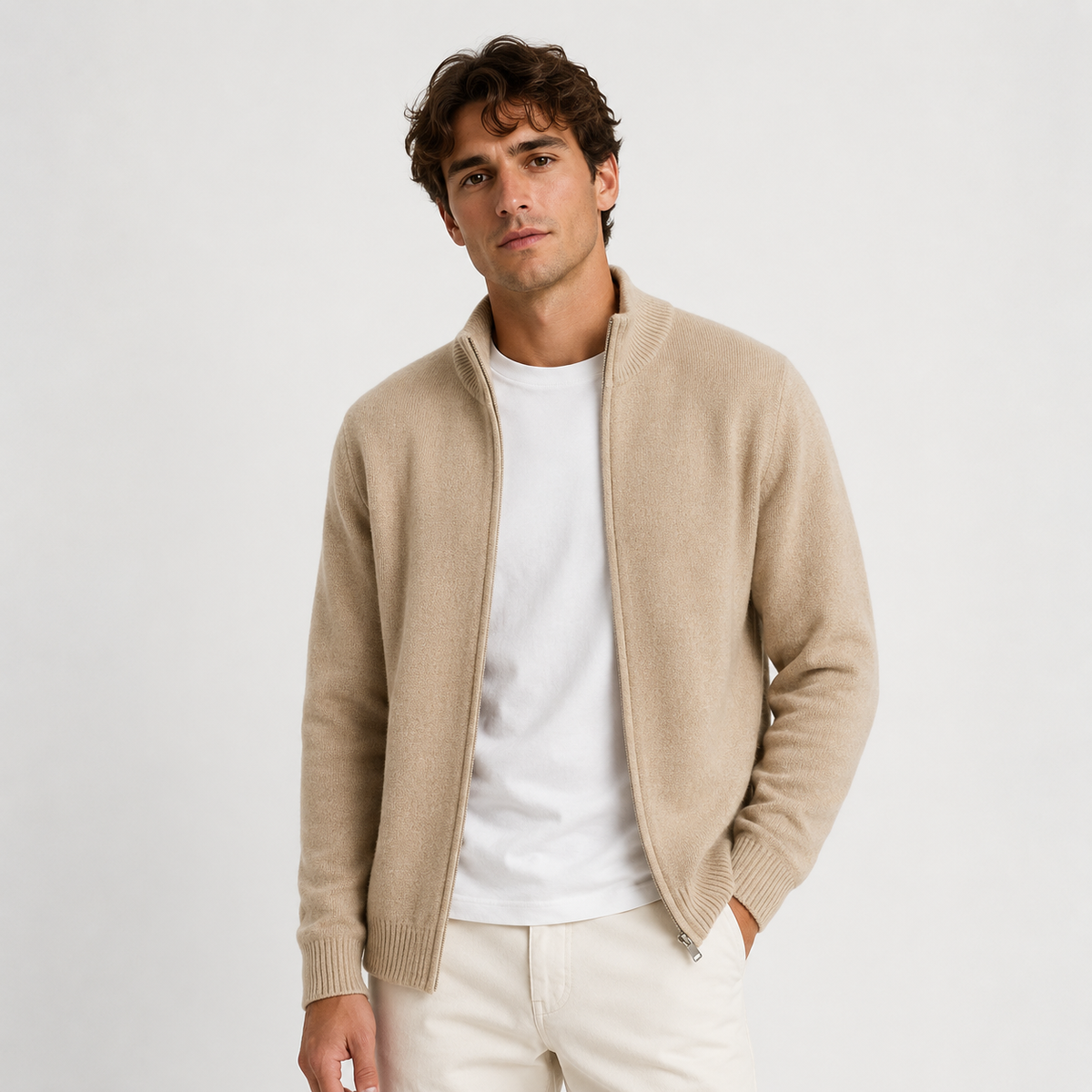 Men's Knitted Zip-Up Cardigan with High Collar – Beige