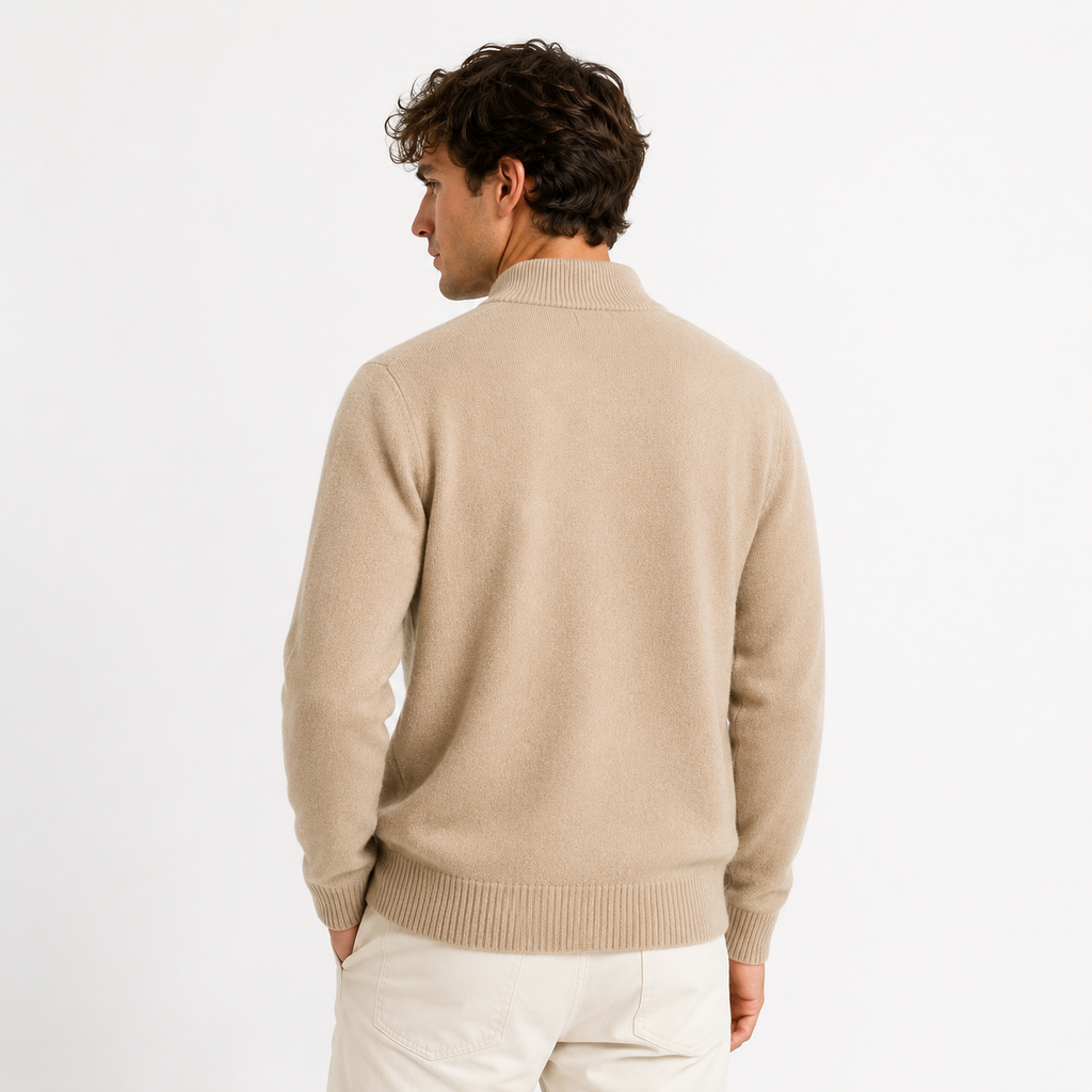 Men's Knitted Zip-Up Cardigan with High Collar – Beige