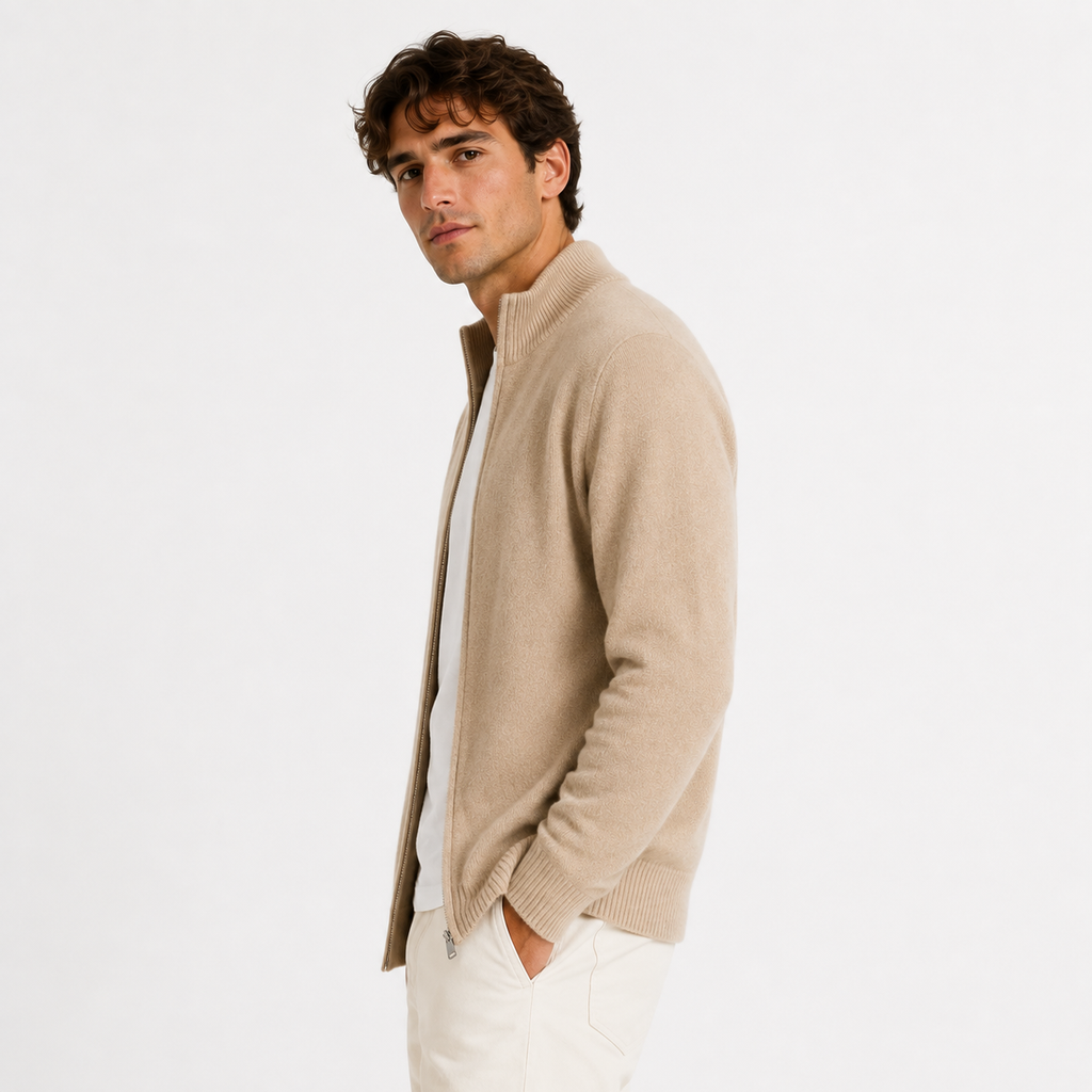 Men's Knitted Zip-Up Cardigan with High Collar – Beige