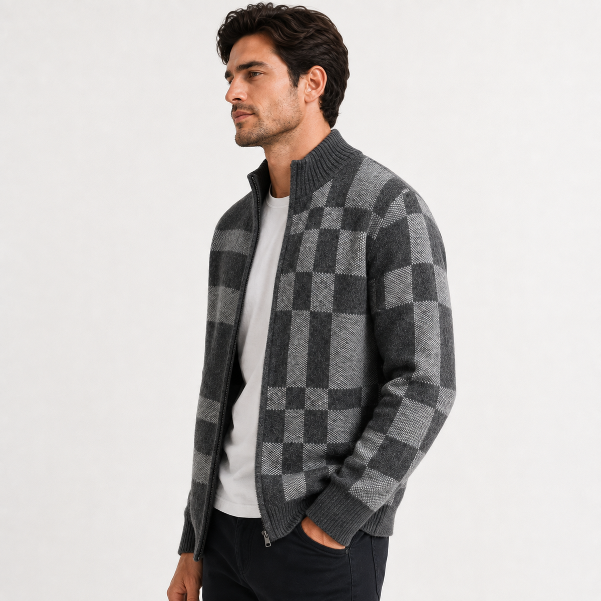 Men's Knitted Full-Zip Cardigan with Check Pattern – Charcoal Grey