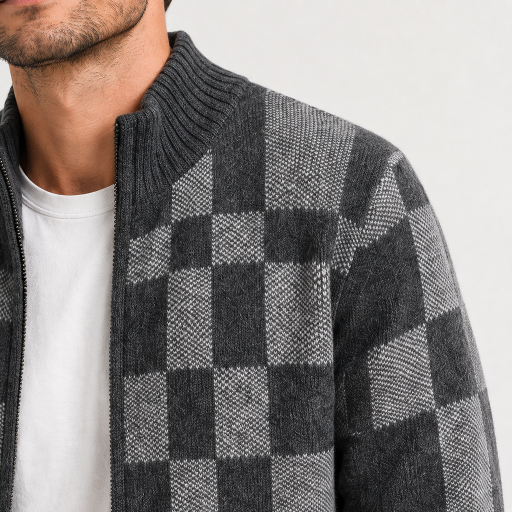Men's Knitted Full-Zip Cardigan with Check Pattern – Charcoal Grey