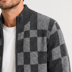 Men's Knitted Full-Zip Cardigan with Check Pattern – Charcoal Grey