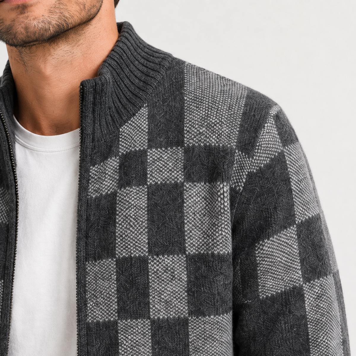 Men's Knitted Full-Zip Cardigan with Check Pattern – Charcoal Grey