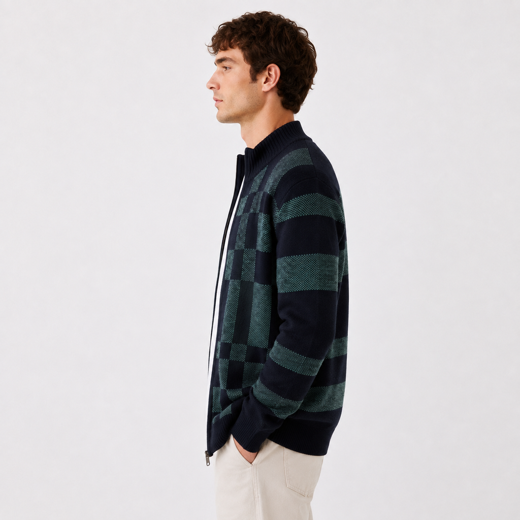 Men's Knitted Full-Zip Cardigan with Check Pattern – Navy & Green