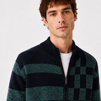 Men's Knitted Full-Zip Cardigan with Check Pattern – Navy & Green
