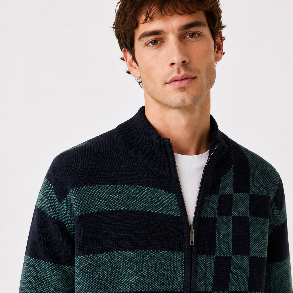 Men's Knitted Full-Zip Cardigan with Check Pattern – Navy & Green