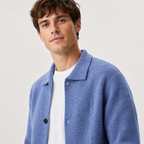 Men's Knitted Button-Up Cardigan with Collar and Pockets – Blue