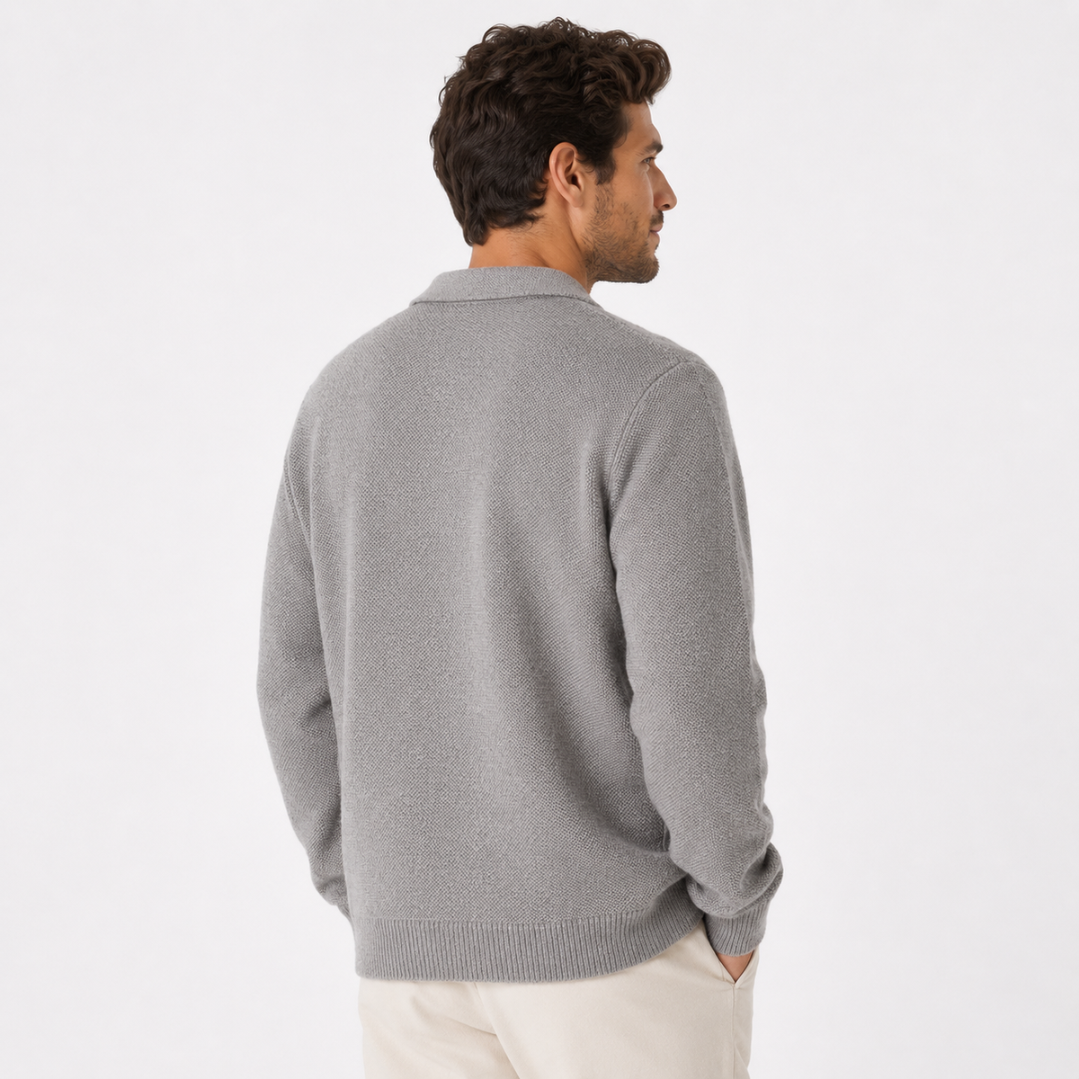 Men's Knitted Button-Up Cardigan with Collar and Pockets – Grey