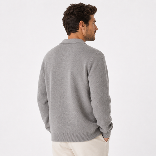 Men's Knitted Button-Up Cardigan with Collar and Pockets – Grey