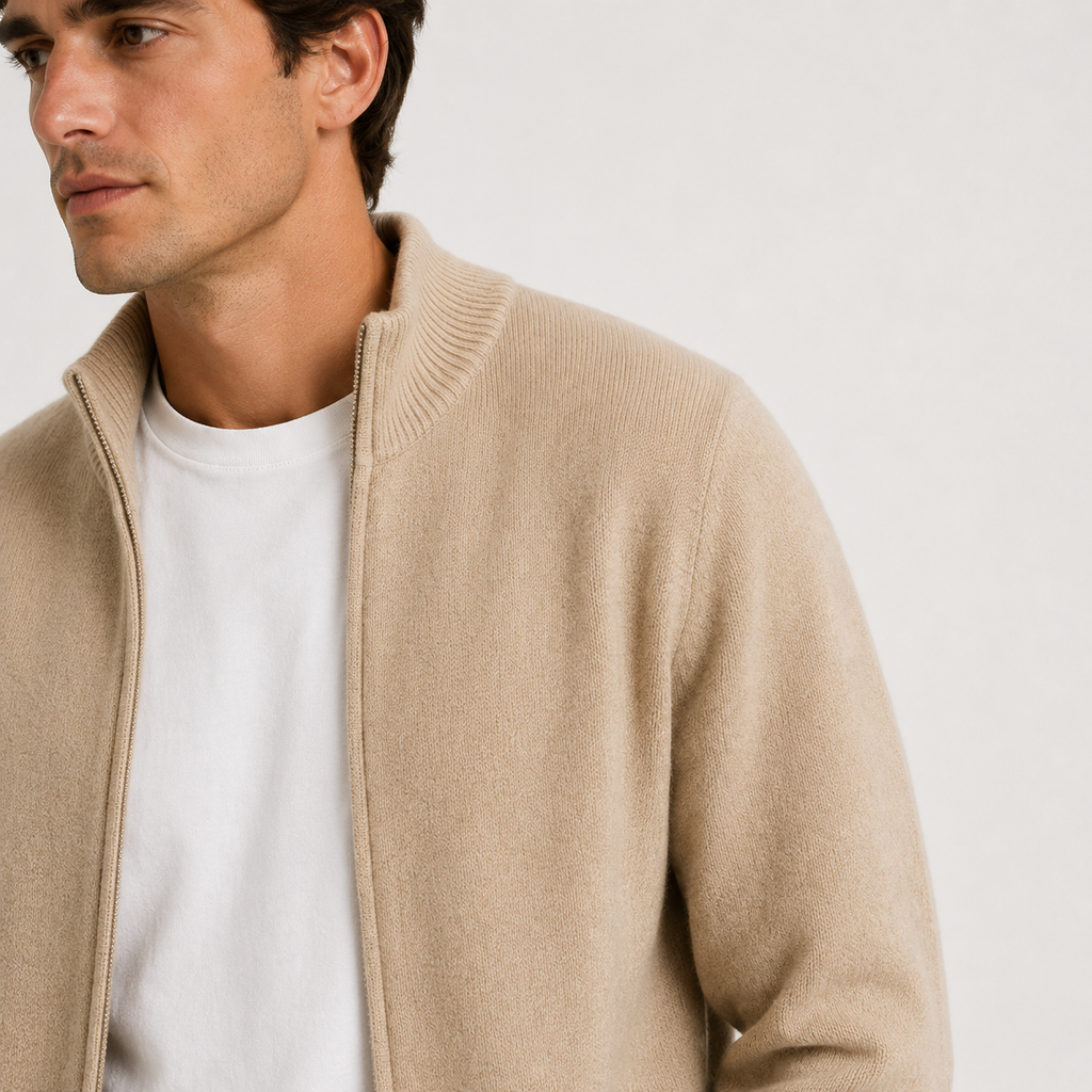 Men's Knitted Zip-Up Cardigan with High Collar – Beige